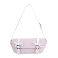 Borsa rosa sottobraccio con fiocchi bianchi e cinturini in pelle verticali su sfondo bianco - Rosa