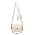 Cream quilted crossbody bag with wide woven strap and detachable small round pouch - White