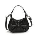 Mini black glossy bow shoulder bag for girls with adjustable strap and silver hardware - Black