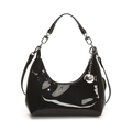 Elegant black patent leather crescent hobo bag with silver ball charm on white background - Black