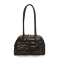 Deep coffee brown shoulder bag with bow details and twin front pockets on white background - Brown