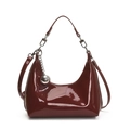Glossy burgundy patent leather crescent moon bag with silver ball charm and metallic finish - Burgundy