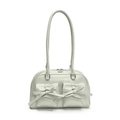 Chic mint green bowling handbag with decorative bow pockets and long top handles - Green