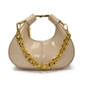 Beige patent leather crescent bag with bold gold chain handle and minimalist design - Khaki