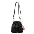 Minimalist black pebble leather drawstring bucket bag with a cute elephant bag charm - Black