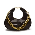Mini crescent bag in dark brown glossy patent leather with bold golden chain strap - Brown