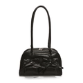Chic black glossy bowling bag with decorative bow front pockets and long shoulder straps - Black