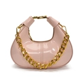 Pink patent leather dumpling bag with chunky gold chain strap and moon shape - Pink