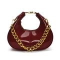 Chic burgundy faux leather crescent handbag with glossy finish and gold chain strap - Red