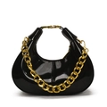 Glossy black crescent dumpling bag with chunky gold chain handle and mirror finish texture - Black