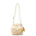 Off-white drawstring bucket bag in lychee texture leather with colorful elephant charm - Yellow