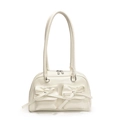 Glossy white patent leather shoulder bag with bow details and minimalist bowling bag shape - White