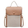 Contrast color canvas crossbody bag with brown PU leather trim and gold metal hardware - Khaki