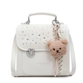 Sac à dos en similicuir blanc avec strass argentés et breloque ours brun mignon - Blanc Cassé