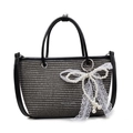 Straw handbag with gray weaving, black leather trim, and a white lace bow with pearls - Black