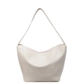 Minimalist beige leather hobo tote bag with curved saddle design and smooth zipper - Off White
