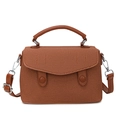 Retro brown satchel in textured twill and caramel leather with adjustable strap - Biscuit