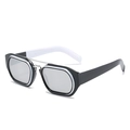 Modern rectangular sunglasses with black and white frames and a silver double bridge - White Black Frame Silver Mirror Lens