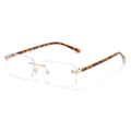 Retro randlose rechteckige Sonnenbrille mit Goldsteg und Bügeln in Schildpattoptik - Leopardenrahmen Klare Gläser