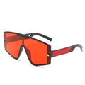 Oversized one-piece sunglasses with red lenses and black frame featuring leather temples - Black Frame Wine Red Lens