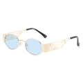 Chic oval sunglasses featuring light blue lenses and hollowed-out golden metal temples - New Style / Standard Gold Frame Blue Lenses (Incl. 13% VAT)