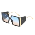 Square oversized sunglasses with black frame, gold temples and blue gradient lenses - Black Frame Blue Tea Lens
