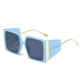 Square blue frame sunglasses with gold metal temples and dark gray lenses for women - Blue Frame Grey Lens