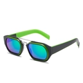 Square double bridge sunglasses with black and neon green frame and polarized blue lenses - Green Black Frame Green Lens