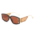 Oversized black square sunglasses with gold metal temples and orange side accents - Black Frame Tea Lens
