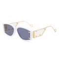 Stylish white sunglasses with thick frames and golden metal temples in a side view - White Frame Gray Lens
