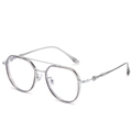 Silver TR90 metal square frame glasses with pilot double bridge and floral hinge detail - Transparent Grey