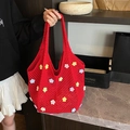Borsa tote rossa all'uncinetto con fiori 3D colorati e spazioso manico aperto - Rosso