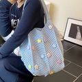 Borsa tote intrecciata blu con fiori 3D all'uncinetto per donna in stile casual alla moda - Blu