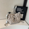 Minimalist beige canvas shoulder bag with wide silver strap and drawstring pocket - Gray