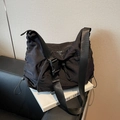 Large black nylon crossbody bag with adjustable wide strap and buckle closure - Black