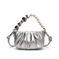 Silver pleated dumpling handbag with heart-shaped metal handle and pearl accents - Silver