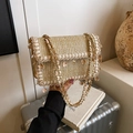 Beige straw woven crossbody bag with white lace trim and gold chain strap detailing - Khaki