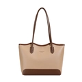 Bolso tote grande de cuero bicolor beige y marrón con textura granulada y asa de hombro - Caqui