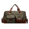 Borsa da viaggio in tela verde militare con finiture in pelle marrone e tracolla - Verde