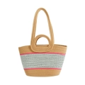 Grande borsa da spiaggia in paglia kaki con strisce rosa e doppi manici intrecciati - Marrone