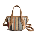 Regenbogen gestreifte Stroh-Strandtasche mit braunem Ledergriff und Gold-Hardware - Khaki