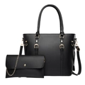 Schwarzes Shopper-Taschenset aus Leder mit kleiner Kettentasche und Golddetails - Schwarz