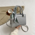 Silver square bag with litchi texture, braided handle and elegant silk scarf detail - Silver