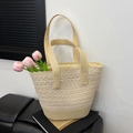 Large beige woven straw beach bucket bag with lace crochet details for summer vacation - Off White