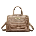 Brown crocodile pattern handbag with golden buckle and top handle in a minimalist style - Khaki