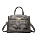 Dark grey crocodile embossed leather handbag with gold metallic clasp and top handle - Dark Gray