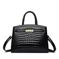 Elegant black crocodile pattern handbag with gold hardware and detachable shoulder strap - Black