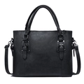 Classic black leather tote bag with pebble texture and adjustable shoulder strap - Black