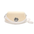 Beige woven half-moon crossbody bag with white leather trim and silver circular lock - White