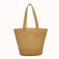 Handgewebte Strandtasche aus Stroh in Natur mit ausgehöhltem Blumenstrickmuster - Hohl Blumen-Stil / Khaki